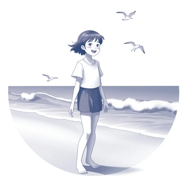 A girl with short hair stands on the sandy beach. She has a bright smile on her face, enjoying the warm sun above. The wind is blowing gently, creating movement in her hair, which lifts slightly off her forehead. In the background, waves crash softly against the shore, and seagulls can be seen flying overhead. The sky is clear and bright, contributing to the cheerful atmosphere of the scene.
