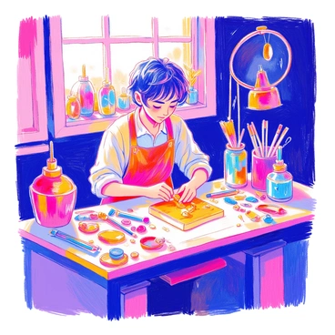 An artisan is seated at a workbench surrounded by various tools and materials for jewelry making. The artisan has short, dark hair and is wearing a leather apron. On the workbench, colorful gemstones and pieces of metal are scattered around. The artisan is focused as they shape a piece of gold into an intricate design that mimics the flowing shapes of "dancing flames". In the background, a small window lets in warm natural light, casting soft shadows.
