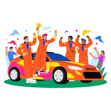 A rally team of four members celebrating their victory. They are all wearing bright racing suits with their team logo prominently displayed. The team is gathered around a sleek, colorful rally car parked on a grassy area. One member is holding a shiny trophy high above their head, while the others smile and raise their fists in triumph. The car features bold racing stripes and sponsor logos. In the background, a cheering crowd can be seen, along with colorful flags waving in the air. The scene is filled with excitement and energy.