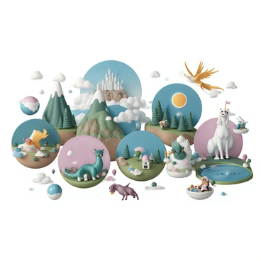 A vibrant digital showcase displaying a variety of concept art for a fantasy video game. In the foreground, there are detailed illustrations of mythical creatures, including a dragon with shimmering emerald scales, a majestic unicorn with a flowing mane, and a fierce griffin with golden feathers. Surrounding these creatures are landscapes featuring enchanted forests with towering trees, a mystical castle perched on a cliff, and a serene lake reflecting the moonlight. Each piece of concept art is showcased with intricate details, showcasing unique character designs, magical items, and atmospheric settings that capture the essence of a fantastical world.
