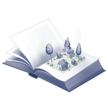 An open book lays flat on a surface, its pages gently fanned out. From the center of the book, a miniature world is emerging, filled with tiny trees, buildings, and small figures interacting with the landscape. The trees have detailed leaves, and the buildings are varied in architecture, some resembling cottages and others resembling castles. The figures, depicted in intricate detail, are engaged in various activities like walking, talking, and playing. Light appears to radiate from the pages of the book, casting shadows of the tiny elements onto the surface beneath.