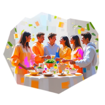 A group of diverse individuals, including people of different ethnicities and ages, are gathered together, joyfully celebrating sustainability. They are all wearing unique clothing made from brightly colored recycled plastic materials, showcasing various textures and designs. Each person has a distinct style, with some wearing dresses, others in casual outfits, and a few sporting accessories made from upcycled materials. In the background, there are decorations made from nature-inspired elements, further emphasizing the theme of environmental consciousness. Their expressions reflect happiness and a sense of community as they engage with one another, surrounded by elements that highlight sustainable practices.