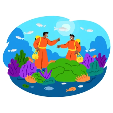 A colorful underwater scene featuring two divers wearing bright wetsuits and holding mesh bags. The divers are surrounded by various types of vibrant seaweed in shades of green, purple, and orange. Sunlight filters through the water's surface, creating soft rays that illuminate the marine life. Schools of small fish swim around them, adding splashes of silver and gold to the scene. The divers are actively gathering the seaweed, with one diver pointing towards a particularly lush patch, while coral formations create a textured backdrop in the distance.