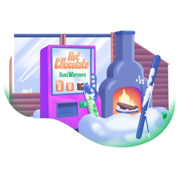 A vending machine is positioned inside a cozy ski lodge, surrounded by soft, white snow visible through large windows. The machine displays "Hot Chocolate" and "Hand Warmers" in clear, inviting letters. In front of the vending machine, there are snow-covered skis leaning against a wall. A warm glow emanates from a nearby fireplace, illuminating the wooden interior and enhancing the winter atmosphere.