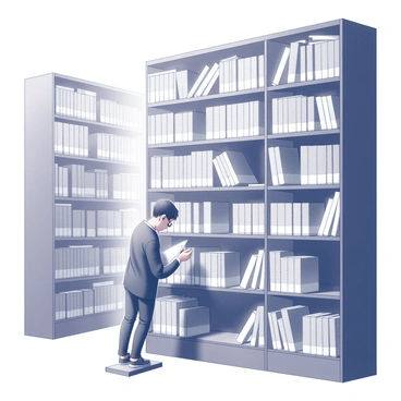 A small librarian is standing on a stool, carefully organizing books on towering shelves that stretch up toward the ceiling. The librarian has short hair and wears glasses, focusing intently on the task at hand. Books of various sizes and thicknesses are arranged in neat rows, some stacked horizontally while others are positioned vertically. The shelves are made of dark wood, providing a stark contrast to the white walls of the library. There are small labels on each shelf indicating different genres, and a gentle light illuminates the scene, highlighting the librarian's meticulous work.