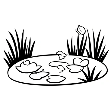 A tranquil pond with numerous white lilies floating on its surface. The lilies have broad, flat leaves that extend elegantly from the water. Ripples spread gently from the edges of the leaves. Surrounding the pond, tall grasses sway lightly in a soft breeze. The overall composition conveys a sense of calm and stillness.