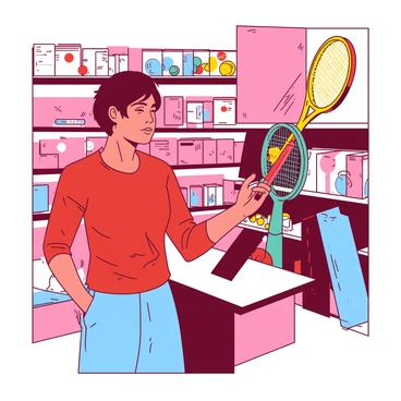 A red athlete in a sports store is standing in front of a display of tennis rackets. The athlete has short black hair and is wearing a blue sports outfit. In one hand, the athlete is holding a yellow tennis racket with a bright grip, while the other hand is reaching out towards a teal racket that is positioned on a nearby shelf. The background features various sports equipment, including shelves filled with tennis balls and fitness gear. A bright spotlight shines down on the rackets, highlighting their colors and designs.