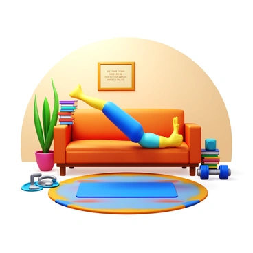 A cozy home gym corner featuring a person performing hip thrusts. The individual is using a sturdy couch as a bench and a stack of books for additional weight. The room is warmly lit, with a few plants in the background adding a touch of greenery. A yoga mat is laid out on the floor beneath the individual. Light exercise equipment, such as dumbbells and resistance bands, is neatly arranged nearby. A motivational poster hangs on the wall, and a colorful rug is underfoot.