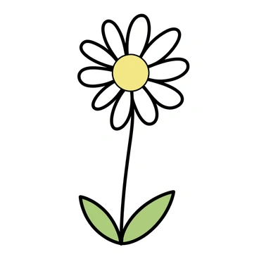 A single white daisy with a bright yellow center is depicted standing upright. Its petals are clearly defined and slightly curled at the edges. The flower is surrounded by a minimalistic arrangement of green leaves that provide contrast. The background is a subtle blend of light colors that enhances the visibility of the flower, without distracting from its details.