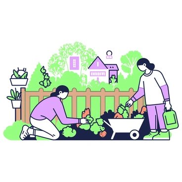 A community garden filled with various vegetable plants. In the center, neighbors are collaborating, one person is kneeling and planting seedlings, while another is watering the plants with a green watering can. On the side, there are rows of leafy greens and bright orange carrots peeking out of the soil. A wooden fence borders the garden, decorated with hanging pots of herbs. Nearby, a wheelbarrow filled with soil and gardening tools is accessible, indicating ongoing work. In the background, a few houses are visible, surrounded by trees and flowering bushes.