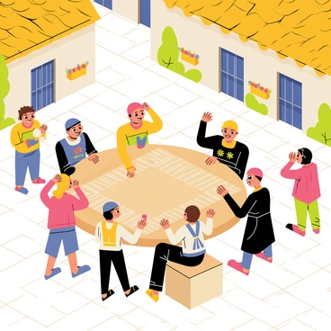 Villagers are gathered around a rectangular wooden backgammon board resting on a round table in a quaint village square. The villagers, wearing colorful traditional clothing, display expressions of concentration and excitement as they engage in the game. The square is framed by small, charming cottages with thatched roofs and blooming flower boxes. A few trees provide gentle shade, and a warm afternoon light casts soft shadows on the cobblestone ground. Nearby, some children play while others watch the game intently, adding to the lively atmosphere.
