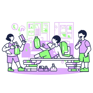 A scene depicting children engaged in playful activity on a homemade bench press constructed from various household items. In the foreground, two children are lying on a sturdy wooden plank supported by stacks of sturdy books on either side. One child is pretending to lift a colorful assortment of water bottles, while the other is cheering them on, smiling widely. Nearby, a group of children is gathered, some holding makeshift weights made from small bags filled with sand. The background features a cozy living room setting with a colorful rug and a few scattered toys, adding to the playful atmosphere.