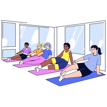 A group of five participants in a pilates class is performing a seated hamstring stretch. Each person is seated on a yoga mat with their legs extended in front of them. They are reaching forward towards their toes, demonstrating various levels of flexibility. The mirrored studio reflects their posture, creating a sense of depth in the image. The walls of the studio have a light color, and there are soft, natural light sources illuminating the space.