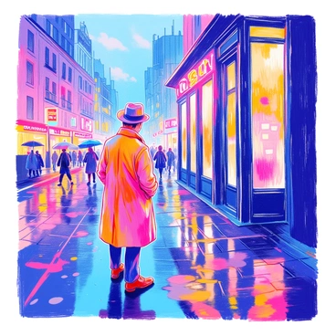 A detective wearing a dark trench coat stands on a wet, glistening sidewalk. He has a fedora tilted slightly forward, casting a shadow over his focused eyes. The detective is looking up at a towering building with large glass windows that reflect the cloudy sky above. Raindrops cascade down from the brim of his hat and gather on the collar of his coat. The street is lined with glowing neon signs and puddles that reflect the vibrant colors of the city lights. In the background, silhouettes of pedestrians can be seen hurrying past, umbrellas in hand.