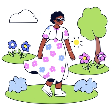 A person wearing a light summer dress with floral patterns. The dress flows gently with the breeze, and the individual is wearing stylish sunglasses that reflect the sunlight. They are standing on a green grassy area in a sunny park, surrounded by vibrant flowers and trees. The sun casts soft shadows on the ground.
