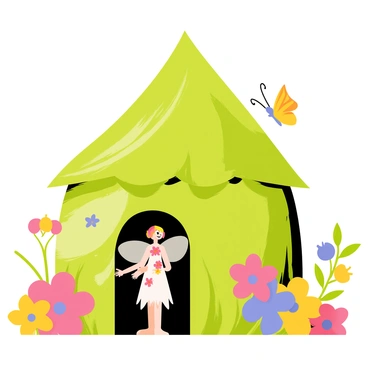 A tiny house made entirely of green leaves and brown twigs sits nestled among vibrant flowers. The house has a rounded roof made of overlapping leaves, with a small, arched door at the front. A delicate fairy with translucent wings, wearing a dress made of flower petals, peeks out from the door. Sunlight filters through the surrounding foliage, casting playful shadows around the house. Colorful butterflies flutter nearby, adding to the enchanting atmosphere.