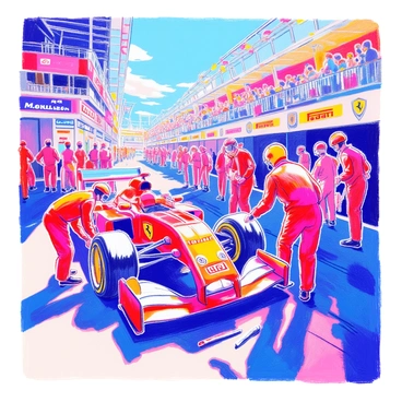 A Ferrari team is in action during a pit stop at a motorsport event. The pit area is bustling with energy as crew members wear red uniforms and helmets. A bright red Ferrari race car is positioned in the center, and team members are focused on changing the tires. One crew member is lifting a tire while another is tightening the wheel bolts. Tools are scattered around, and the air is filled with the sounds of activity. In the background, colorful banners and excited spectators add to the atmosphere of the event.