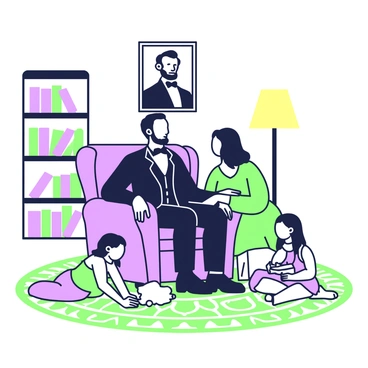 A cozy evening scene of Abraham Lincoln with his family in their living room