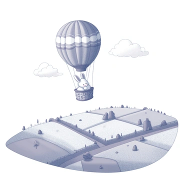A bunny with fluffy white fur is seated in a wicker hot air balloon basket. The balloon is large and round, featuring a vibrant pattern that contrasts with the landscape. Below, a patchwork countryside unfolds with fields in various shapes and sizes, separated by thin dirt paths and fences. The landscape is dotted with small trees and farm structures, creating an idyllic rural scene. The sky above is expansive, with a few fluffy clouds. The bunny appears curious and joyful, enjoying the view from above.