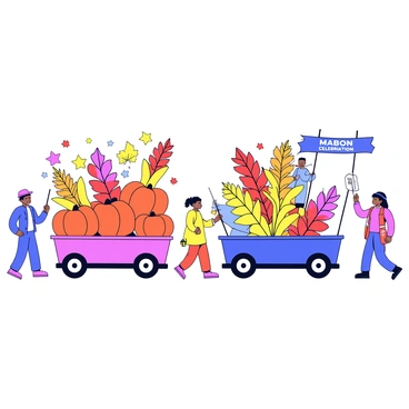 A vibrant parade is taking place with various floats celebrating "Mabon." Each float is adorned with decorations in rich fall colors such as deep oranges, reds, and yellows. One float features large pumpkins and cornstalks, while another float showcases colorful autumn leaves arranged in intricate patterns. People dressed in seasonal costumes are walking alongside the floats, holding banners that say "Mabon Celebration." The atmosphere is lively, filled with the spirit of autumn.