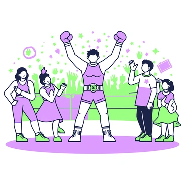 A fighter stands in the center of a vibrant arena, arms raised in triumph. The fighter is wearing a form-fitting athletic outfit, displaying a championship belt around their waist. Surrounding the fighter, a team of supporters is cheering enthusiastically. Some team members are jumping with joy, while others are clapping and waving towels. The background features a cheering crowd, with hands raised and signs being held up in excitement. Streamers and confetti are falling from above, adding to the celebratory atmosphere.