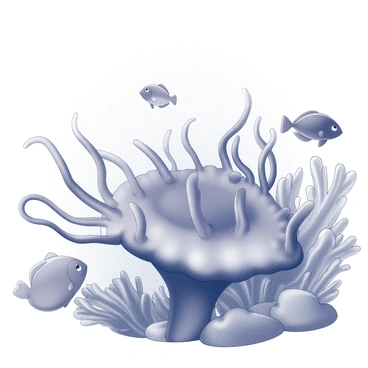 A sea anemone swaying gently in the water. Its tentacles are displayed prominently, creating a sense of movement. Various fish are swimming around the anemone, each showcasing different shapes and sizes. The underwater environment includes coral formations in the background, providing a habitat for the fish. Light refracts through the water, creating patterns that illuminate the scene.