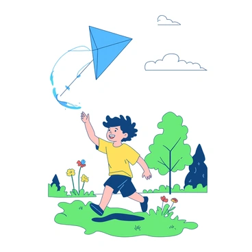 A young child wearing a yellow t-shirt and shorts is joyfully running through a grassy park, holding a bright blue kite soaring high above. The kite is fluttering against the backdrop of a clear sky, with its tails dancing in the wind. The child's hair is tousled by the breeze, and their expression is filled with excitement. In the background, there are a few scattered trees and patches of colorful wildflowers swaying gently in the wind.