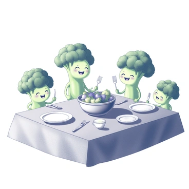 A dinner table is set with a rustic tablecloth. At the center of the table, there is a large bowl filled with various vegetables. A family of broccoli is depicted with human-like features, sitting around the table. Each broccoli has a distinct expression, conveying joy and togetherness. One broccoli is holding a fork, while another is reaching for a plate of food. In the background, there are plates, utensils, and a pitcher of water. Soft light illuminates the scene, creating a warm atmosphere that emphasizes the family's delightful mealtime.