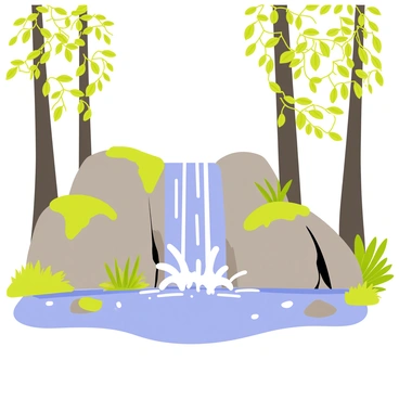 A small waterfall with water cascading down a series of smooth, gray rocks. The water splashes and creates ripples as it flows into a clear stream below. Surrounding the waterfall are vibrant green moss and small ferns. Tall trees with thick trunks rise in the background, their leaves creating dappled sunlight on the scene. The stream is surrounded by pebbles and patches of grass, reflecting the serene beauty of the forest.