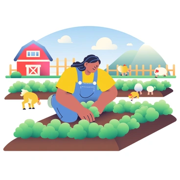 A character with tan skin and braided black hair is planting crops in a lush mobile game farm. The character is wearing a bright yellow shirt and denim overalls, kneeling on the fertile brown soil. Rows of vibrant green plants are neatly arranged in the ground. In the background, a wooden fence encloses a small area with various animals. A fluffy white sheep is grazing nearby, and a few chickens are pecking at the ground. A colorful barn in shades of red and white is visible on the left, and a blue sky with a few fluffy clouds provides a bright backdrop to the scene.