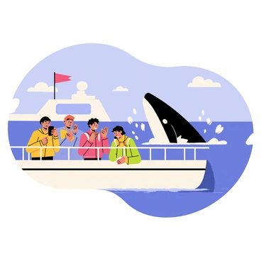 A group of passengers with joyful expressions are gathered on the deck of a white yacht. They are leaning over the railing, pointing and smiling at the sight of a large whale breaching in the blue ocean. The whale is arching its body out of the water, with splashes surrounding it. The sky is bright blue with a few fluffy white clouds. Some passengers are taking photos with their smartphones, while others are clapping their hands in excitement. The yacht has a bright red flag fluttering in the breeze.