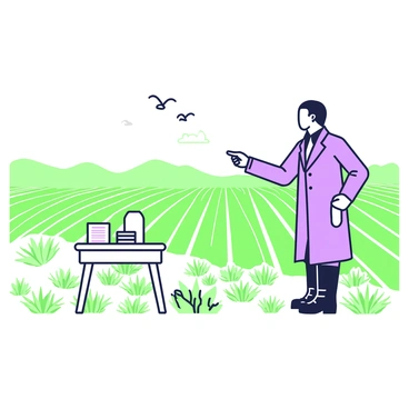 An illustration of "Mier y Teran" standing in a vast Texan landscape. He is dressed in 19th-century attire, including a long coat and boots. In front of him, there are fields of crops, showcasing rows of green plants ready for harvest. To his left, there is a small wooden table with papers and a quill, indicating he is taking notes. In the background, rolling hills and a clear sky can be seen, adding depth to the scene. A few birds are flying in the distance, enhancing the sense of a lively environment. Mier y Teran is examining the land, pointing towards a specific area, reflecting his focus on agricultural assessment.