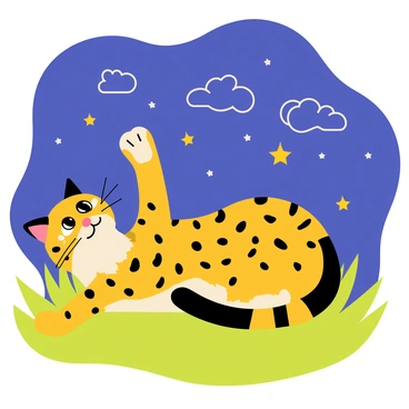 An ocelot lying on its back in a relaxed position. The ocelot has a beautiful spotted coat with golden and black markings. Its eyes are wide open, gazing up at a starlit sky. The night sky is filled with numerous twinkling stars against a deep blue background. A few wispy clouds drift across the sky, adding texture to the scene. The grass below the ocelot is lush and green, providing a comfortable resting place.