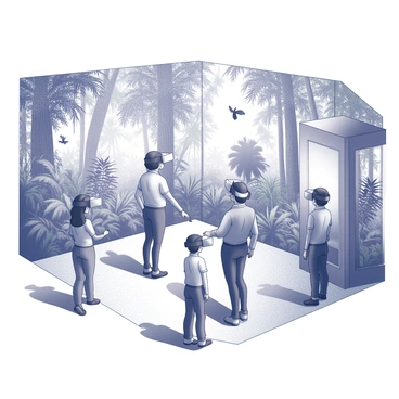 A spacious virtual reality exhibit filled with visitors wearing VR headsets. Some individuals are fully immersed, interacting with a vibrant digital rainforest environment. Lush digital trees with intricate details tower overhead, while vivid plants fill the scene. A few participants are reaching out to touch holographic animals, such as a butterfly or a toucan, which appear to flutter around them. The exhibit also features large screens displaying the digital rainforest, enhancing the immersive experience. Shadows and textures add depth to the surroundings, creating an engaging atmosphere. The overall scene conveys a sense of exploration and interaction with nature.