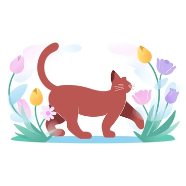 An outline of a cat is depicted stealthily walking through a garden. The cat's body is elongated, with a curved tail that follows its movements. Surrounding the cat, there are various flowers in full bloom, showcasing different shapes and sizes. The flowers include tulips, daisies, and roses, each with distinct colors like pink, yellow, and purple. The garden is filled with lush green leaves and grass, providing a vibrant backdrop for the scene.