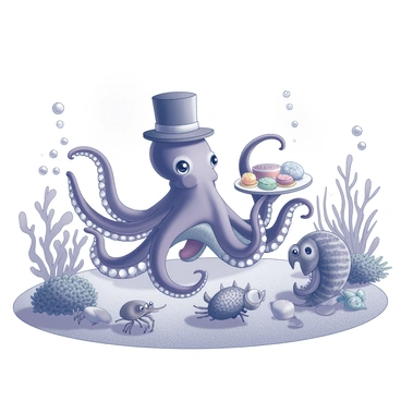 An octopus with vibrant tentacles is at the center of an underwater garden party. The octopus is wearing a small, elegant top hat and is holding a tray with an assortment of colorful food. Surrounding the octopus are various sea creatures, including a small fish with intricate patterns, a graceful seahorse, and a curious crab perched on a rock. There are clusters of coral forming a natural decoration, with strands of seaweed swaying gently in the water. Bubbles rise from the guests, creating a lively atmosphere. In the background, soft light filters through the water, illuminating the scene.