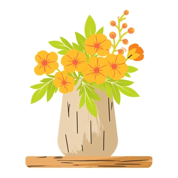 A floral arrangement featuring vibrant orange calendula flowers. The flowers are clustered together with green leaves interspersed. The arrangement is positioned in a rustic wooden vase that has a textured surface. The vase sits atop a weathered wooden table with visible grains and knots, adding to the rustic charm of the scene.