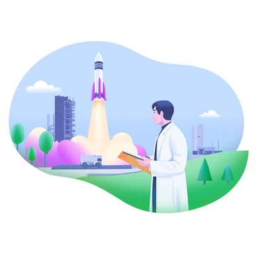 A rocket scientist wearing a white lab coat stands on a grassy hill, observing a large test rocket launching in the distance. The rocket is billowing bright white smoke as it ascends into a clear blue sky. The scientist has short black hair and is holding a clipboard, taking notes with a focused expression. Surrounding the scene, there are scattered trees and a few clouds dotting the sky. In the background, you can see the launch pad with various technical equipment and vehicles related to the launch.