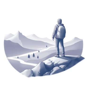 A lone hiker stands on a mountain peak. The hiker is wearing a weather-resistant jacket and rugged hiking boots. The person has a backpack slung over one shoulder, and the arms are slightly raised, as if taking in the view. Below, a vast landscape unfolds with rolling hills and distant mountains visible. Several trees dot the lower elevations, and a meandering river can be seen cutting through the terrain. The sky above is clear, enhancing the sense of openness and adventure.