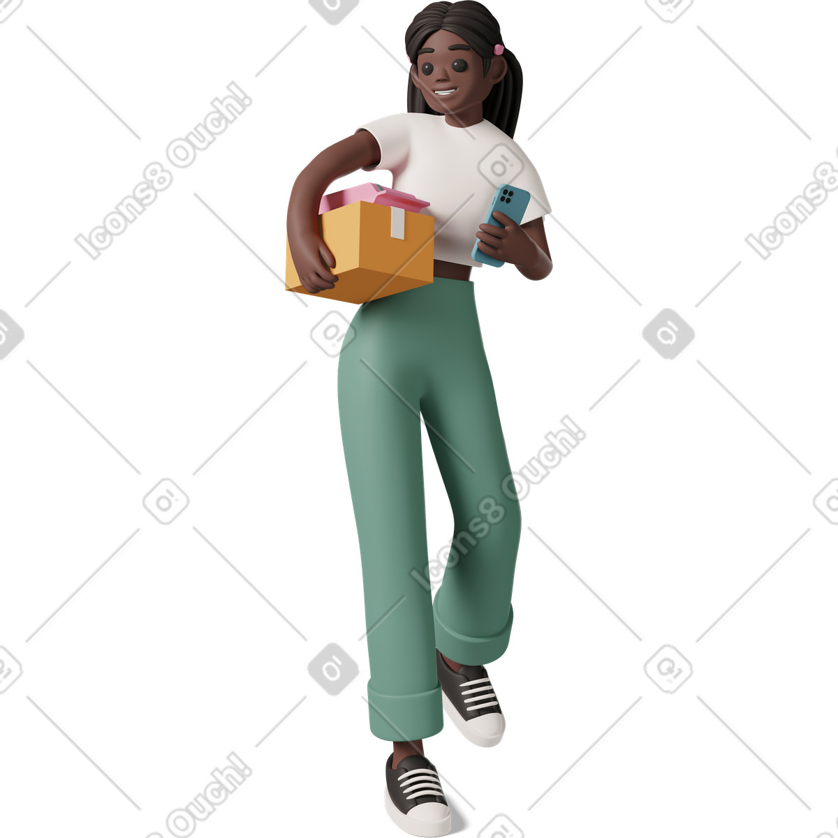 Black girl with phone holding parcels illustration in PNG, SVG