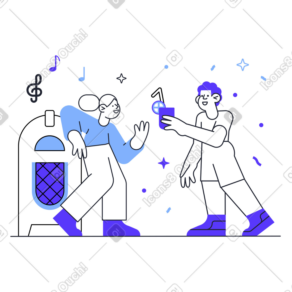 Man giving cocktail to woman at dance party illustration in Pablita style download in PNG, SVG