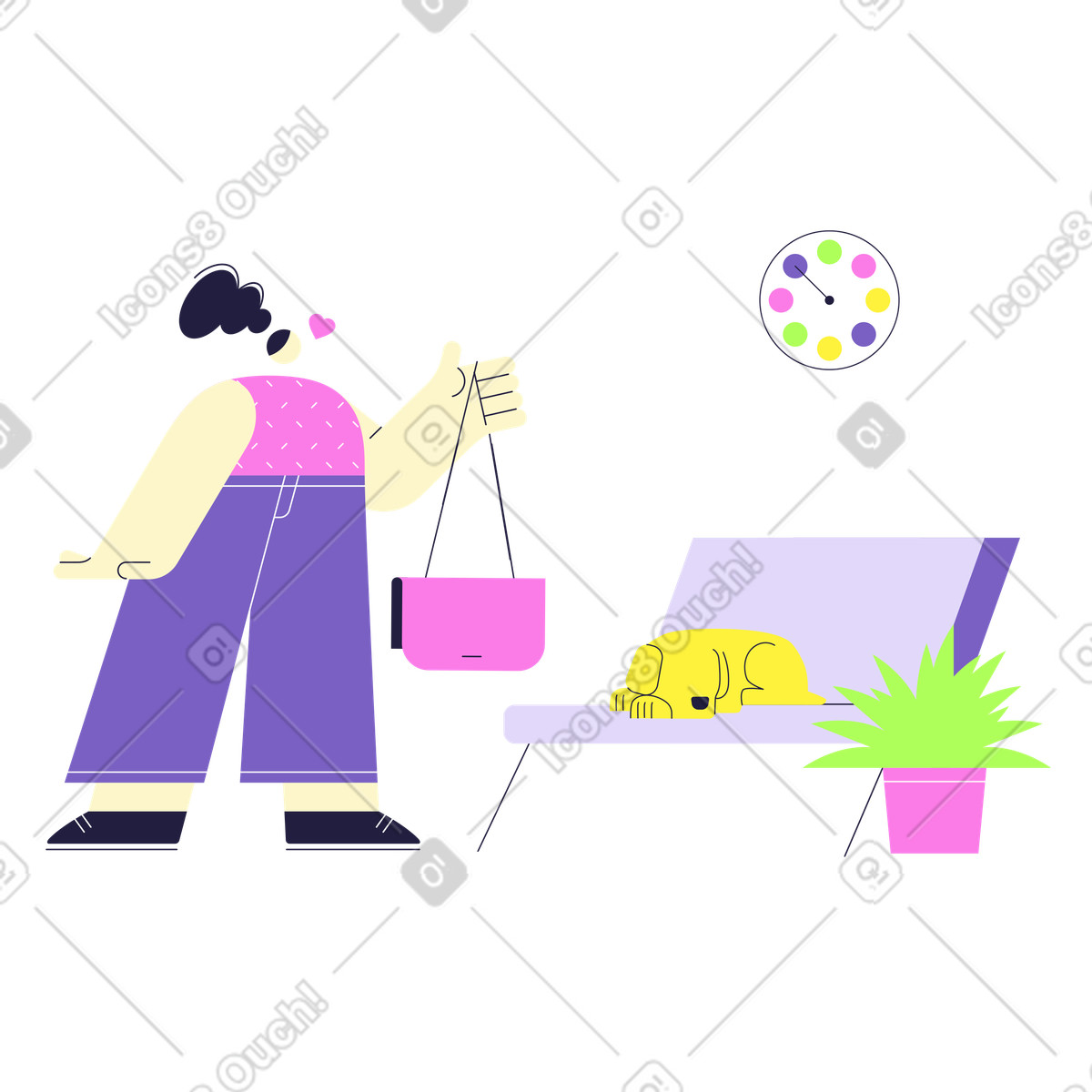 Woman getting back home to a loved pet dog illustration in Mellow style download in PNG, SVG