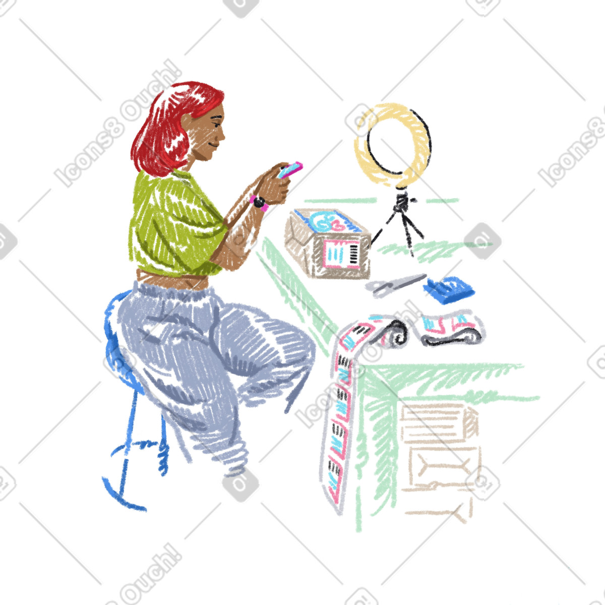 Eine frau fotografiert verpackte waren animierte Illustration im Sketchbook-Stil als Download in GIF, Lottie (JSON), AE