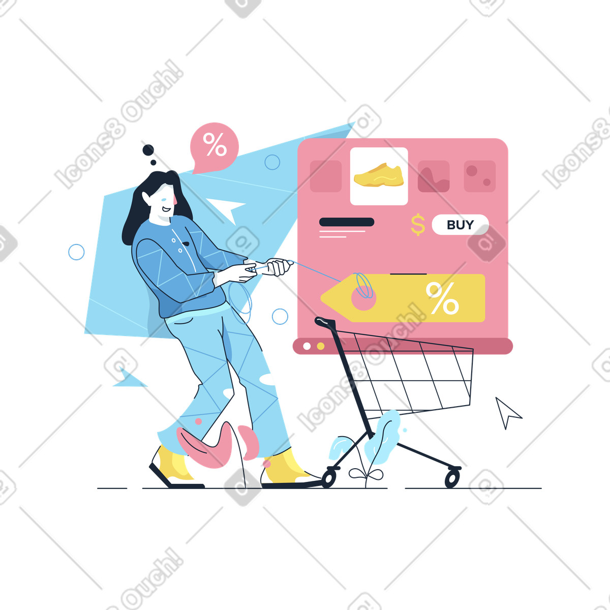 Illustration Woman wants to buy shoes online on sale dans le style Work Hard à télécharger aux formats PNG, SVG