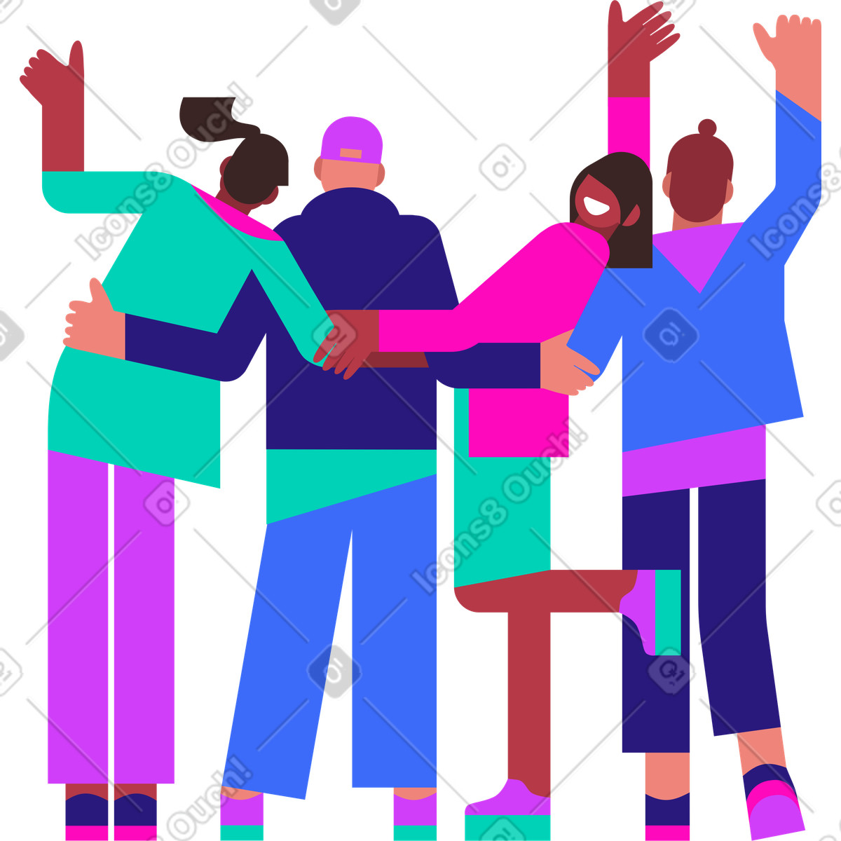 Team rejoices in success illustration clipart of people hugging in PNG SVG