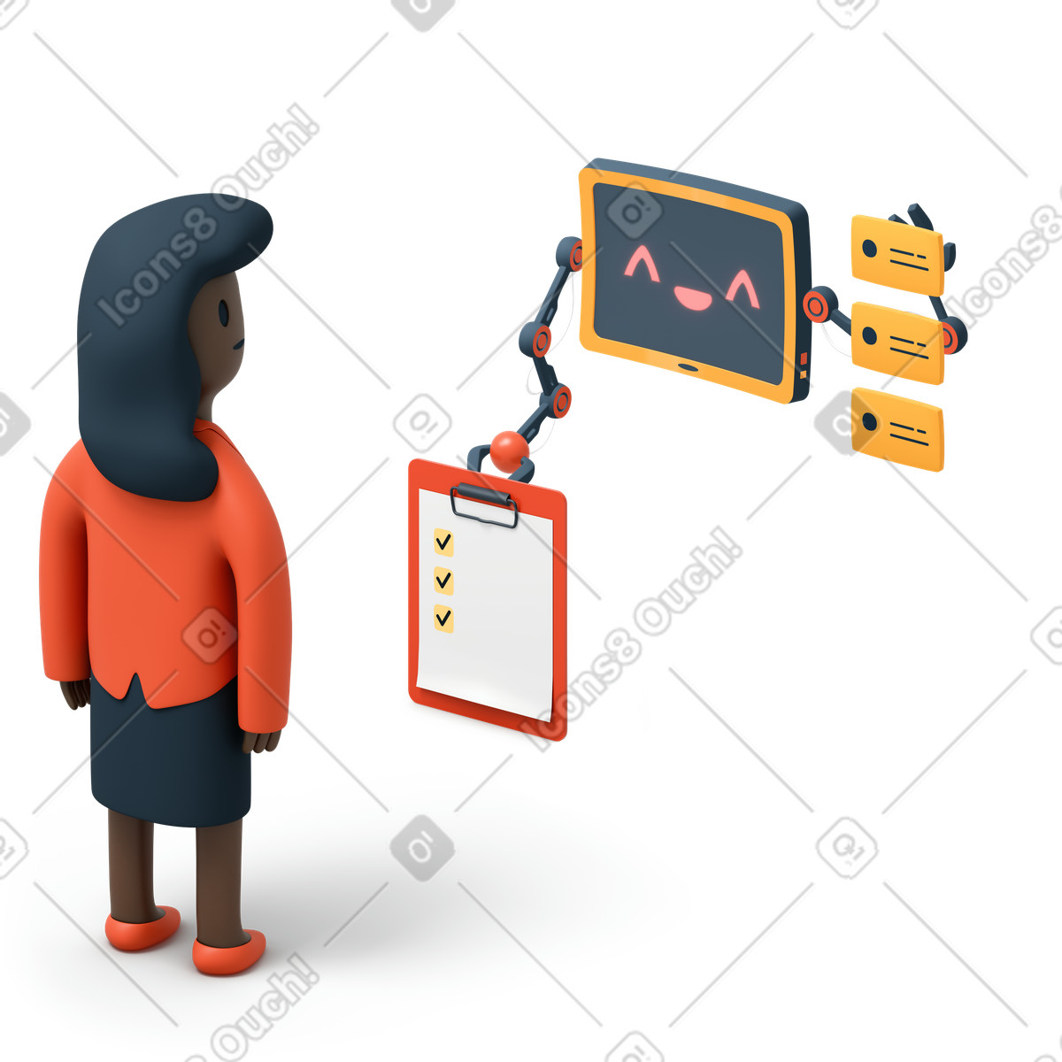 Bot assistente che mostra gli elenchi di attività alla donna d'affari illustrazione in stile 3D Flame scarica in PNG, SVG
