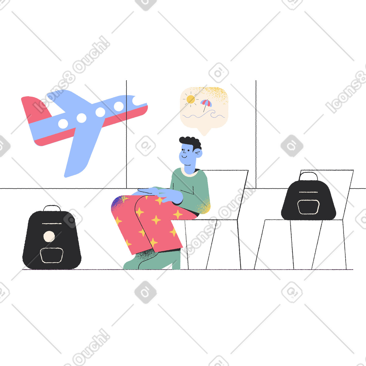 Man waiting for his flight at the airport illustration in PNG, SVG