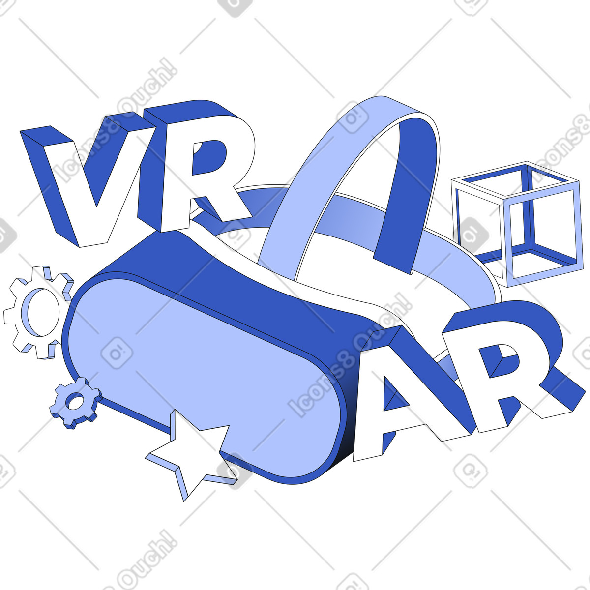 Techny 스타일의 Bold vr ar text with headset and gears, virtual augmented reality technology 일러스트레이션 PNG, SVG 다운로드