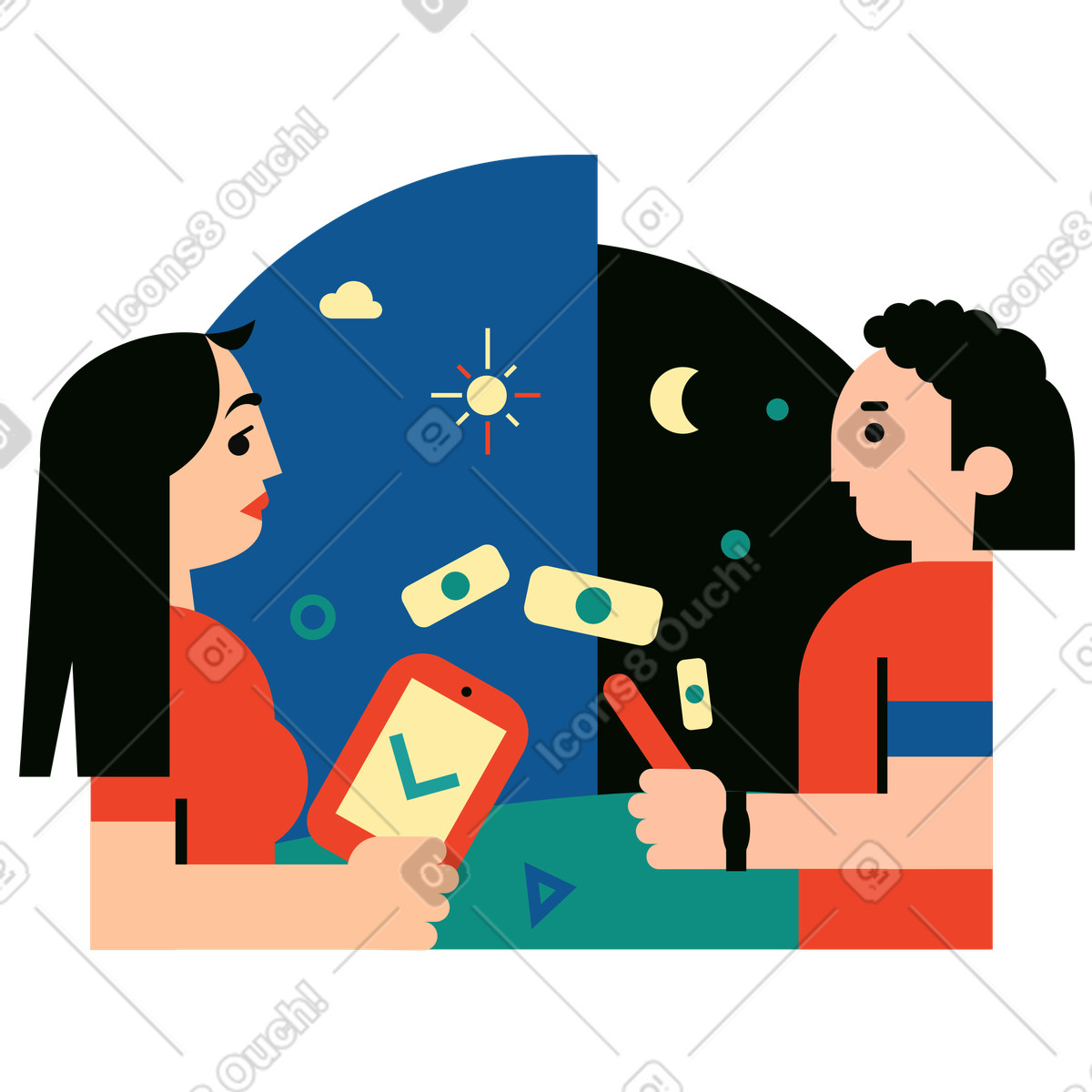 Frau schickt geld an mann mit telefon-Illustration im Polar-Stil als Download in PNG, SVG