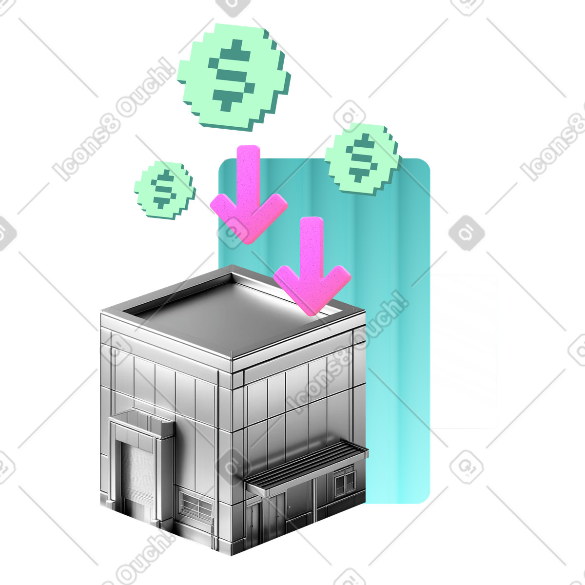 Chromed スタイルの Office exterior with financial icons, Small business cost management のイラストをPNG、SVG形式でダウンロード